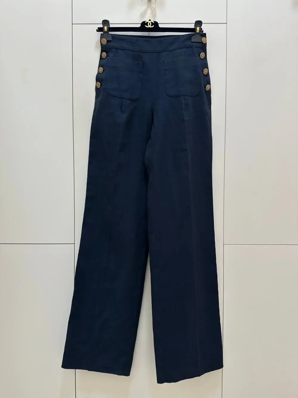 CHANEL Vintage Navy Linen Wide Leg Pants FR 38